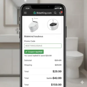 Screenshot showing the BidetKing checkout page with the promotional code successfully entered and applied for savings using a BidetKing coupon.