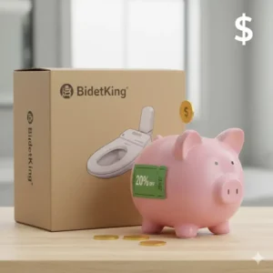A piggy bank next to a bidet seat box, symbolizing the money saved by using a BidetKing coupon.