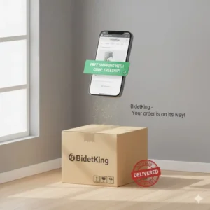 A graphic illustrating a package being delivered, representing a BidetKing order that qualified for free shipping with a BidetKing coupon.
