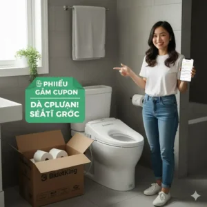 A person smiling next to their newly installed BidetKing bidet seat, reflecting satisfaction with the product and the savings from a BidetKing coupon.