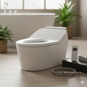 High-quality product image of the Bidet King supreme model with remote control and modern design.