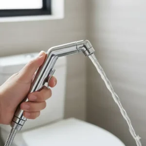 Close-up shot of a chrome handheld sprayer, commonly called a bum gun, demonstrating its direct targeted cleaning functionality for the bum gun vs bidet debate.