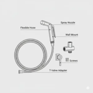 An overhead illustration showing the components of a hand toilet spray kit, including the nozzle, hose, and T-valve adapter.