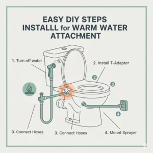 Detailed diagram showing the easy DIY steps for installing a handheld bidet with warm water attachment to a toilet.