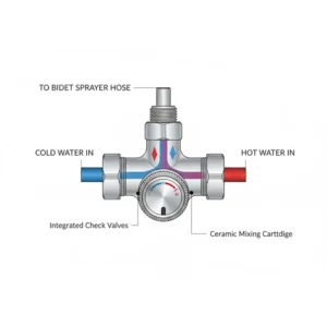 : Technical diagram of the mixing valve for a handheld bidet sprayer hot and cold showing temperature control.