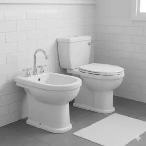 A classic, separate ceramic bidet fixture next to a toilet, highlighting the traditional design of the bidet component in the discussion of bum gun vs bidet.