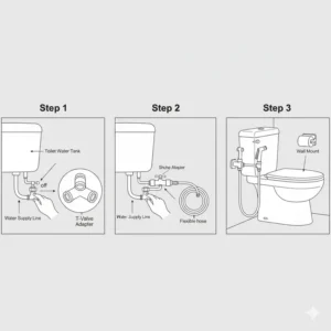 A step-by-step diagram showing how to connect a hand toilet spray to the bathroom water supply line.