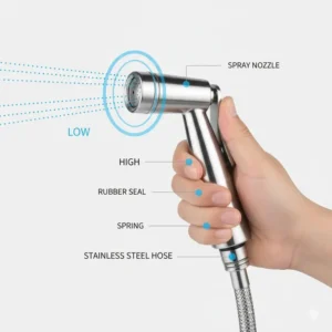 Close-up of the adjustable water pressure trigger on the best handheld bidet sprayer for toilet.