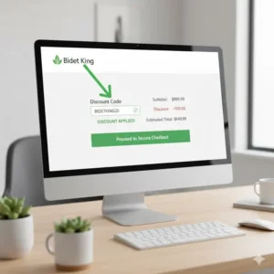 Screenshot showing the checkout page with an arrow pointing to the field to enter the Bidet King discount code.