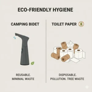 An infographic comparing a roll of toilet paper to the best camping bidet sustainability.