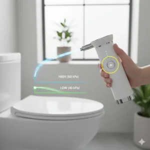 Diagram showing the user interface and button to select the adjustable water pressure modes on the cordless bidet device.