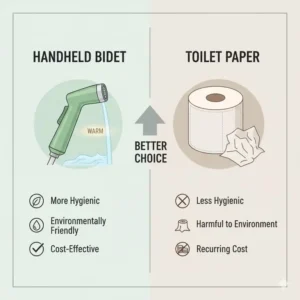 Infographic illustrating the hygienic and environmental benefits of using a handheld bidet with warm water over traditional toilet paper.