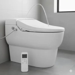 An image of a modern electronic bidet toilet seat with a remote control, showing its advanced features like temperature control, which are key differences in bum gun vs bidet.