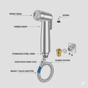 Detailed parts diagram of the best handheld bidet sprayer for toilet including hose and bracket.