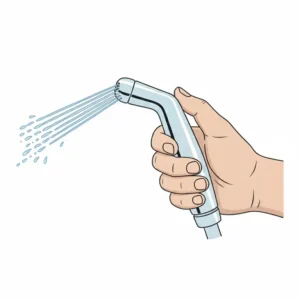 Close-up view of the ergonomic handle and trigger of a handheld bidet sprayer hot and cold.