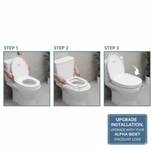 A simple step-by-step diagram or photo showing the quick installation process for an Alpha Bidet seat purchased using the alpha bidet discount code.
