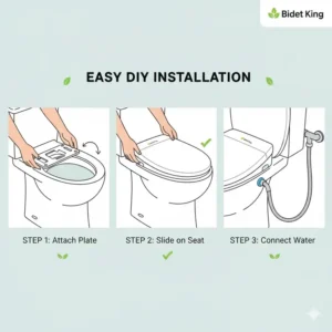 Step-by-step image of a customer easily installing a Bidet King bidet seat onto a standard toilet.