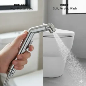 A visual representation contrasting the strong, direct spray of the bum gun with the softer, aerated wash from a modern bidet's nozzle, emphasizing water pressure differences in bum gun vs bidet.