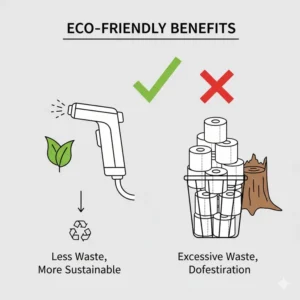 A conceptual graphic comparing a hand toilet spray to rolls of toilet paper to highlight environmental sustainability.