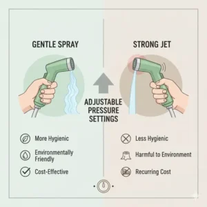 Illustration highlighting the multiple spray pressure settings on the handheld bidet with warm water nozzle.