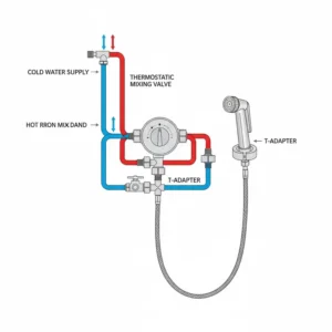 Detailed look at the dual water line connections for a handheld bidet sprayer hot and cold system.