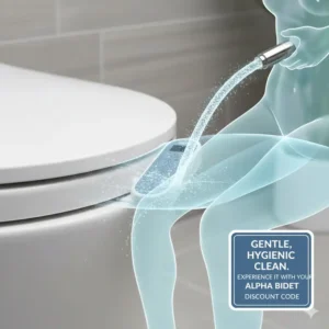A graphic illustrating the gentle, aerated cleaning water stream from an Alpha Bidet nozzle, emphasizing the comfortable hygiene experience thanks to the alpha bidet discount code.