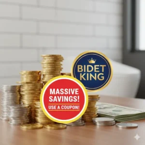 "A stack of dollar bills next to a Bidet King logo, symbolizing the massive savings achieved with a valid bidet king coupon code."