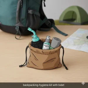 A complete outdoor hygiene kit featuring the best backpacking bidet and soap.