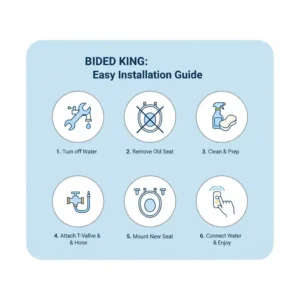 Diagram showing the simple steps for Bidet King bidet seat installation.