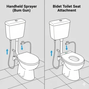 Diagram or photo showing the typical plumbing installation setup for either a handheld sprayer or a bidet toilet attachment, essential knowledge when choosing between bum gun vs bidet.