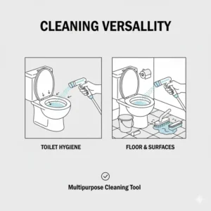 An illustration showing a hand toilet spray being used to rinse and clean the toilet bowl surface.