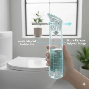 Detailed view of the retractable nozzle on the handheld cordless bidet for hygienic storage and protection.