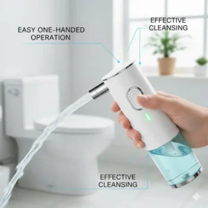 A person demonstrating the easy one-hand operation of the battery-powered cordless bidet in a restroom setting.
