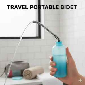 A small, portable travel bidet bottle, suggesting a convenient alternative to the static fixtures discussed in the main comparison of bum gun vs bidet.