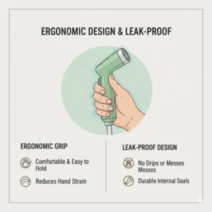 Image focusing on the comfortable, ergonomic grip and leak-proof design of the handheld bidet with warm water sprayer.
