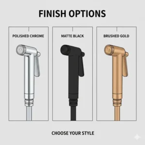A variety of hand toilet spray finishes including polished chrome, matte black, and brushed gold.