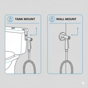 Showing tank-mount and wall-mount options for the best handheld bidet sprayer for toilet.