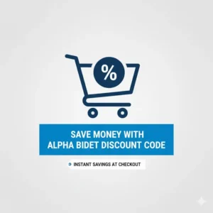 A graphic featuring a shopping cart with a percentage sign, visually representing the savings achieved by using the current alpha bidet discount code.