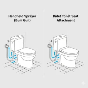 A diagram illustrating how the water supply connects to the toilet for both a handheld sprayer (bum gun) and a bidet, detailing the clean water source for bum gun vs bidet usage.