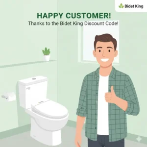 Photo of a satisfied customer giving a thumbs-up next to their newly installed Bidet King product.
