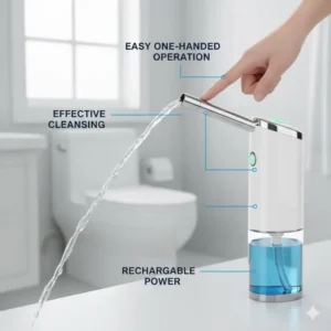 Lifestyle shot showing a person using the cordless bidet for quick and effective on-the-go hygiene during a camping trip.