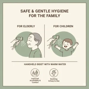 Picture showing a family member using the gentle, soothing spray of the handheld bidet with warm water for improved hygiene.