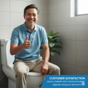 An illustration of a satisfied customer smiling next to their newly installed, comfortable Alpha Bidet toilet seat, celebrating their purchase with an alpha bidet discount code.
