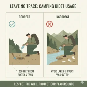Illustration of Leave No Trace principles when using the best camping bidet in nature.