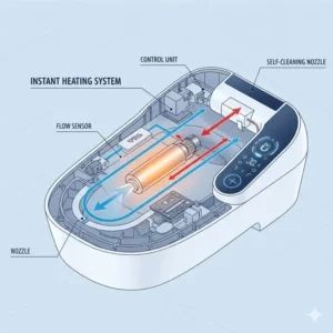 Internal diagram showing the instant heating mechanism of a bidet water warmer.