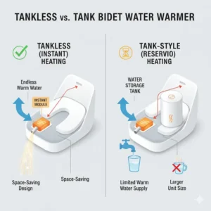 Infographic comparing a tank-style bidet water warmer with a hybrid instant heating system.