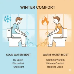 Graphic showing the comfort of using a bidet water warmer during cold winter months.