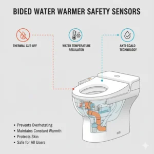 Illustration of the thermal safety sensors integrated into a modern bidet water warmer.