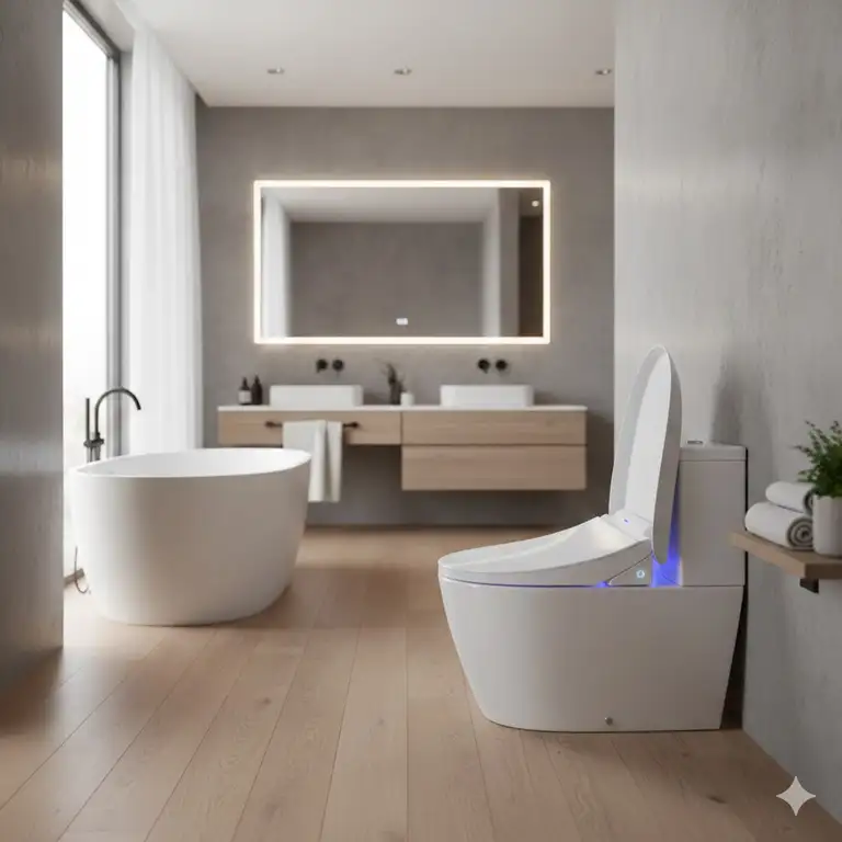 A luxury modern bathroom featuring a white bidet toilet seat with heated water and a side control panel.