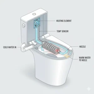 A technical diagram showing the internal heating element of a bidet water heater.